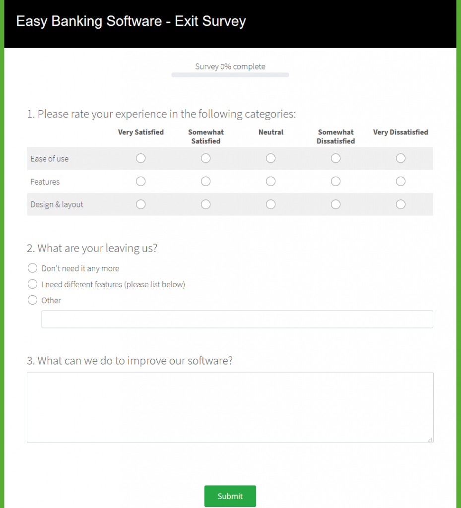 Example banking application customer experience survey