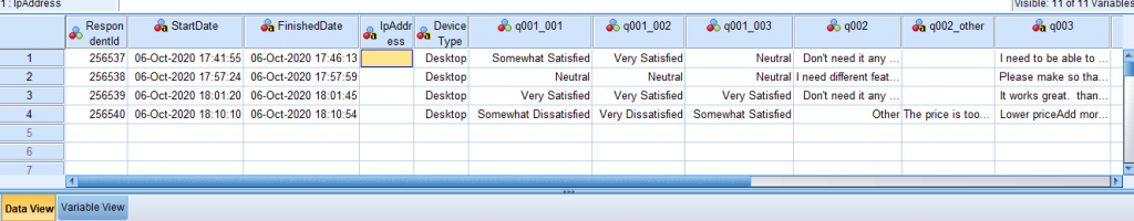 Responses with the value labels displayed