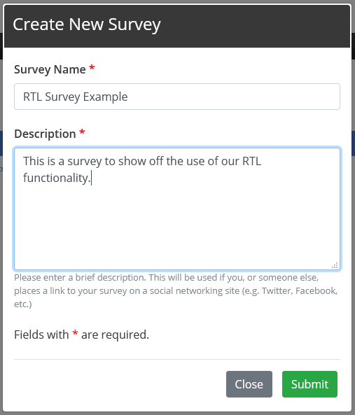 Ievadiet sava jaunā apsekojuma nosaukumu un aprakstu.  Apraksts ir nepieciešams, kad kopīgojat aptauju Twitter vai Facebook.