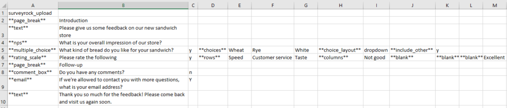 voorbeeld spreadsheet voor het uploaden van enquêtevragen