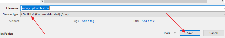 saving the survey question upload spreadsheet as a csv file